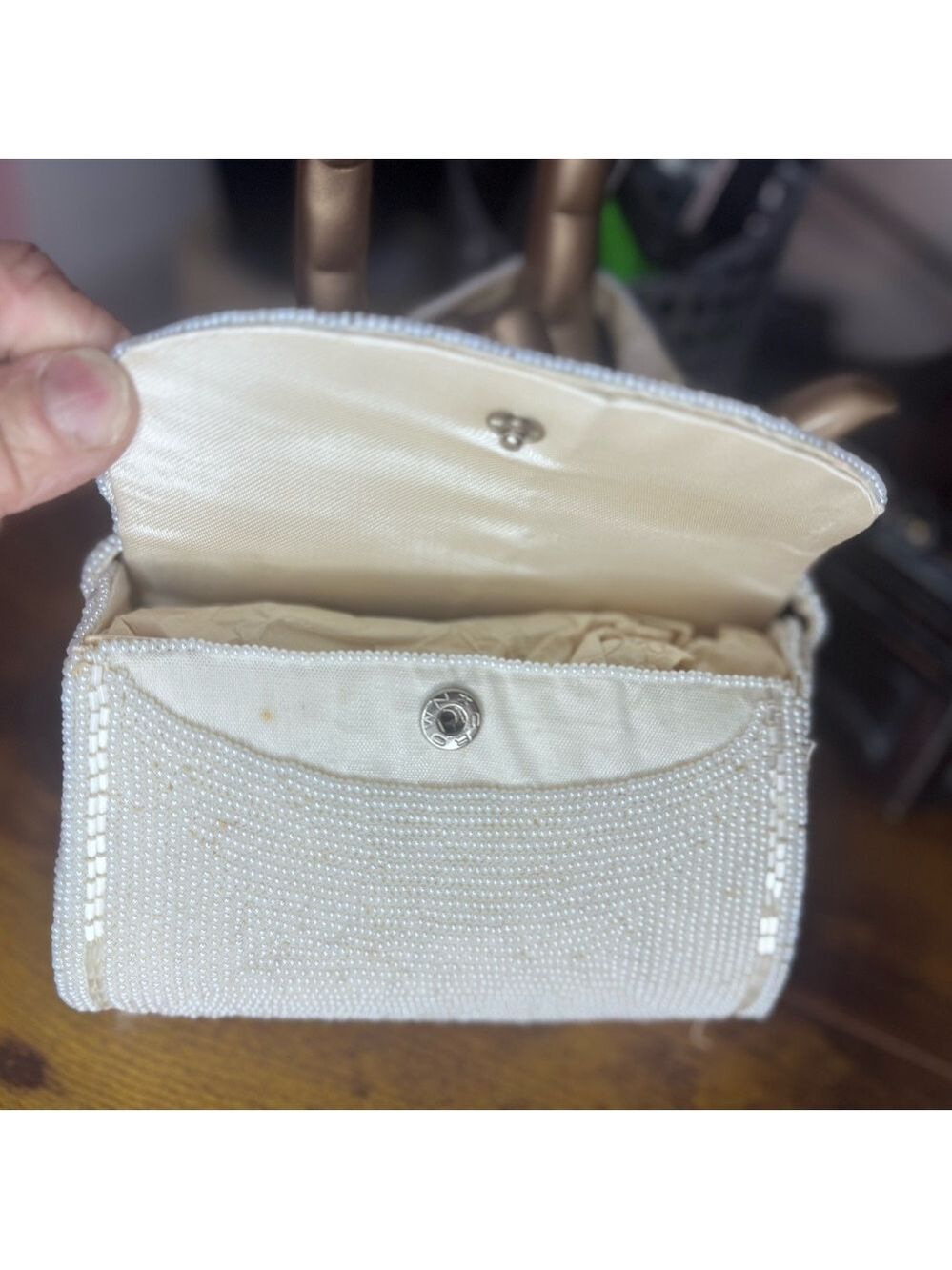 Vintage tiny Beaded purse cream beaded crown snap Vintage Japan - Picture 11 of 15
